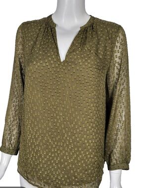 J. CREW Size 4 Olive Green Silk Textured
Clip Dot Split Neck Blouse